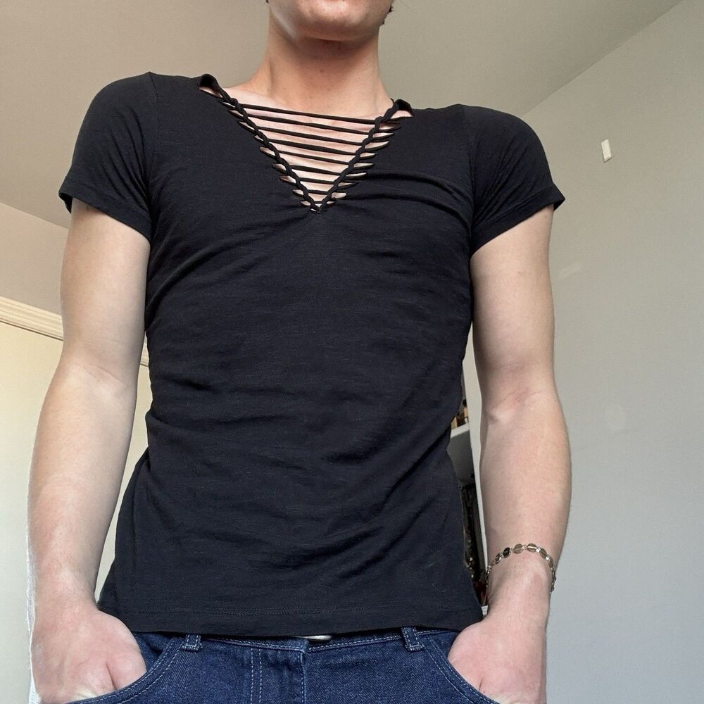 Sick Pepin Distressed Black V Neck Slim Fit Lace Up Top Sz XS Grunge Y2K